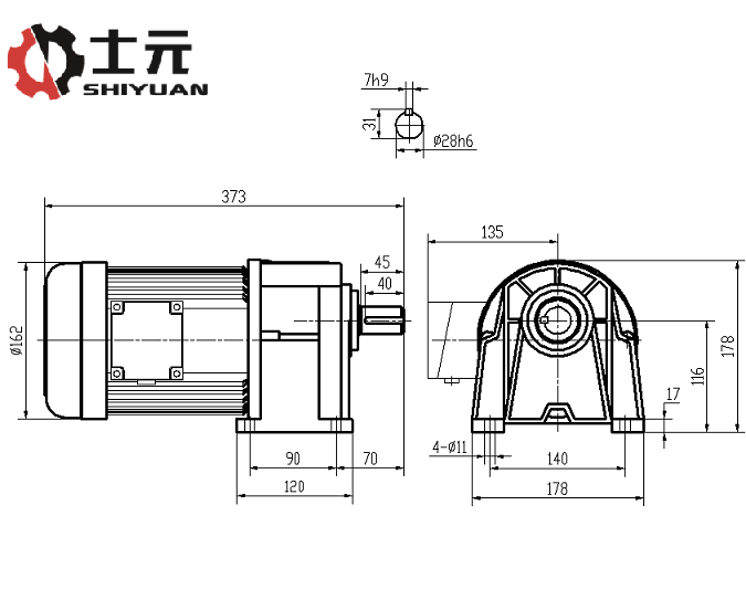 士元電機GH28-750-15S臥式減速馬達外形圖
