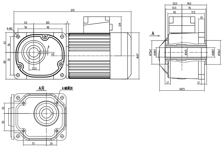 370w直交軸減速三相異步電機(jī) 士元直角減速機(jī)尺寸圖