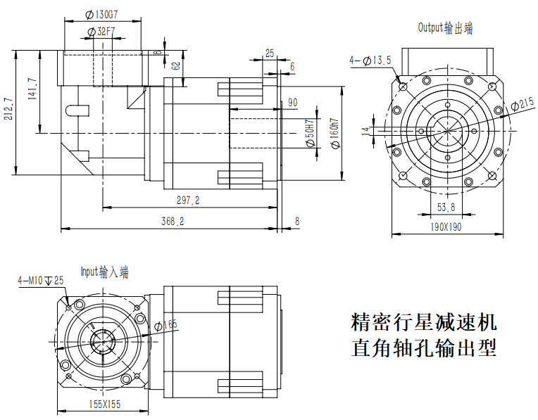 直角孔減速機(jī)WPS190L3-320-P2-K2-32-58-130-165-M10尺寸圖
