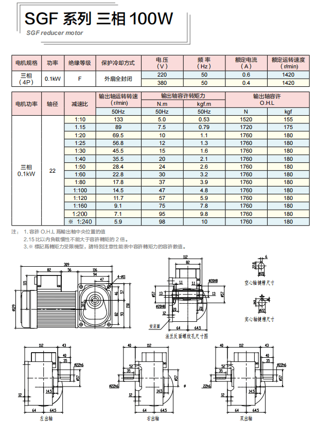 士元電機(jī)G100A匹配SGF22框小微型直角減速機(jī)參數(shù)及尺寸
